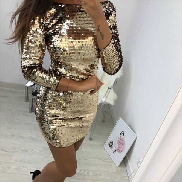 

шея o золото осени sequined backless сексуальное платье женщин с длинным рукавом платье мини christmas party club ремень платья vestidos диз, Black;gray