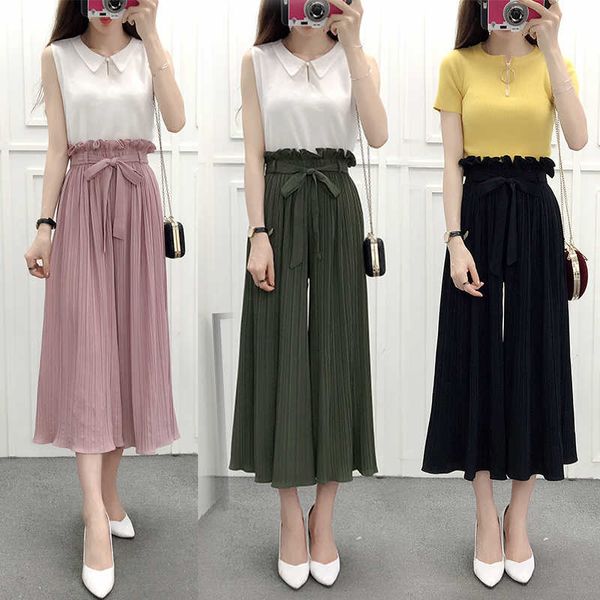 

flounced skirts female summer thin section waist chiffon wide leg pants pantyhose loose pleated trousers flared trousers 013 y19070101, Black;white