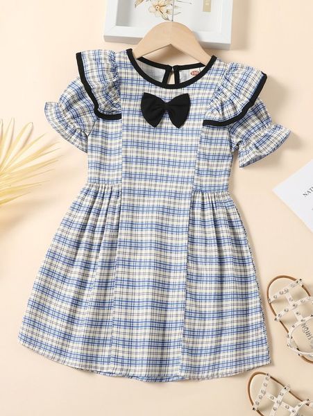 

toddler girls plaid contrast binding bow front ruffle trim dress she, Red;yellow