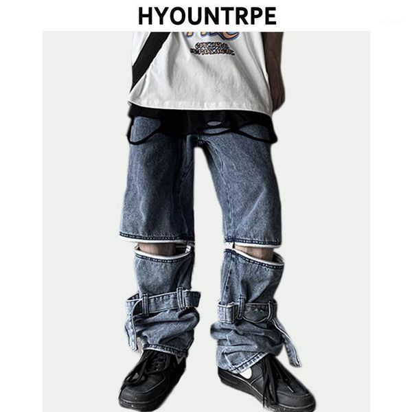 

men wide leg pants fashion hip hop zipper detachable functional pants bottom belt high street new casual denim loose trousers1, Blue