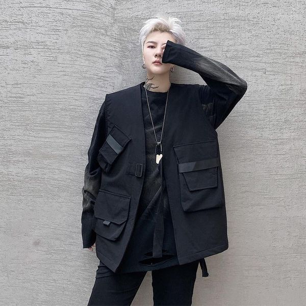 

dark black vest men solid big pocket autumn winter thicken cotton cargo collarless jackets loose sleeveless retro coats hip-hop1, Black;white