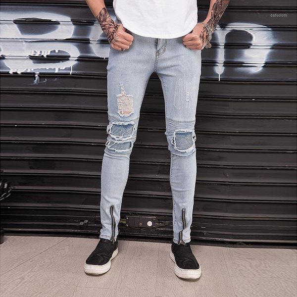 

2020 fashion casual hip hop street pleated washing light blue teenagers mens jeans joker hole elastic men's trousers1