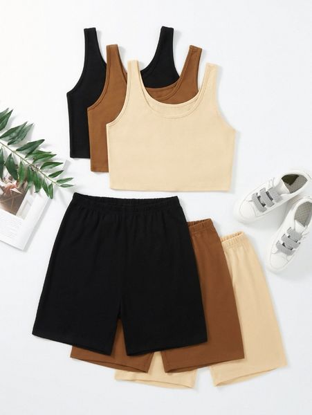

solid scoop neck 3pcs tank & 3pcs biker shorts a3kl#, White