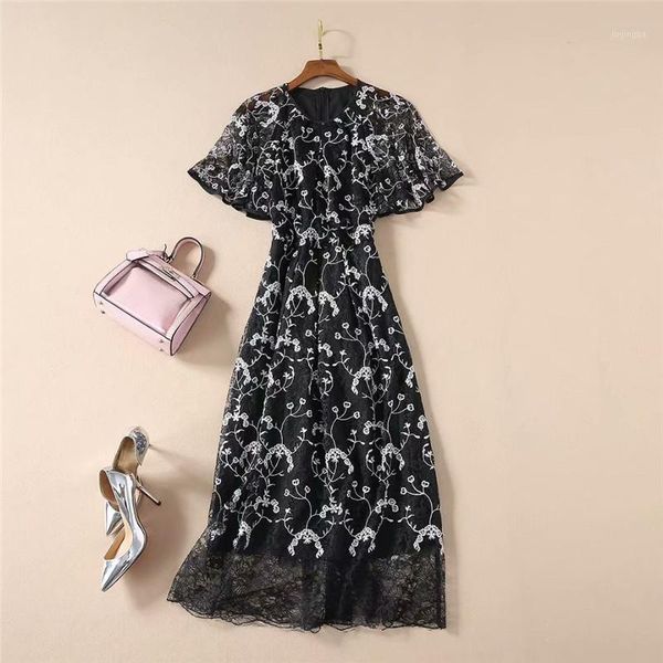 

runway long dress summer 2020 new woman clothes fashion butterfly sleeves heavy embroidery black lace party dresses1, Black;gray