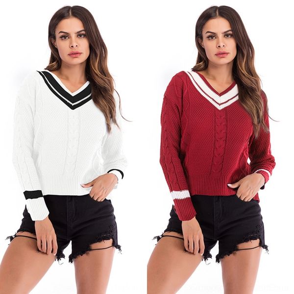 

dchbw women's color contrast v-neck knitted striped women's patchwork color contrast v-neck knitted striped patchwork pullover pul, White;black