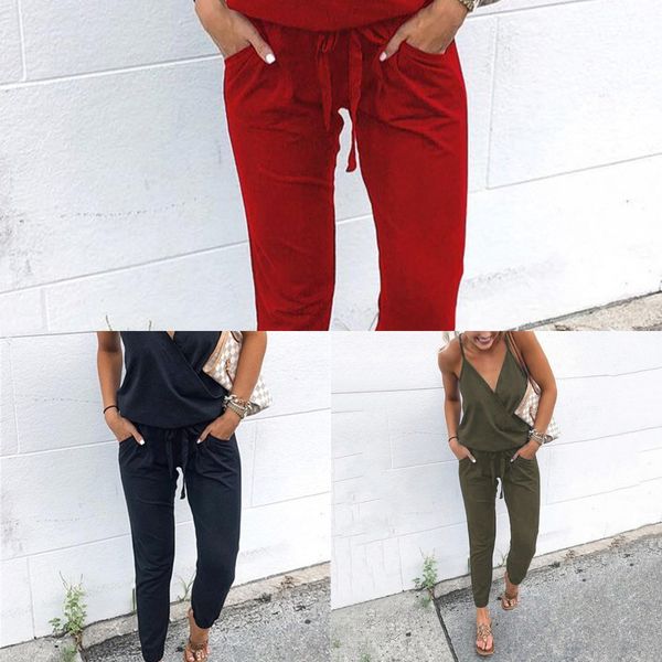 

spring and summer 2020 fashion casual lace up pocket open back suspender women's jumpsuit sling sling 101043 6oaqm, Gray