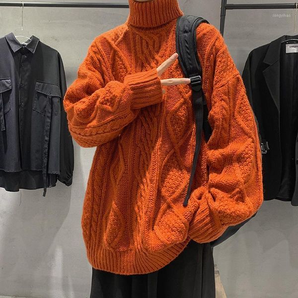 

autumn winter turtleneck male han edition tide thickness casual loose lazy grid pure color twist wind ins render knit sweaters1, White;black