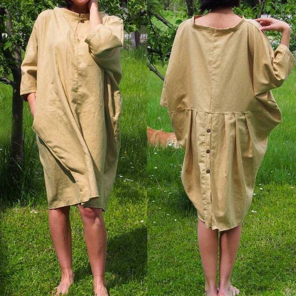 

cotton linen solid pockets midi dress women celmia casual batwing sleeve buttons loose summer dress femme vestidos long 5xl1, Black;gray