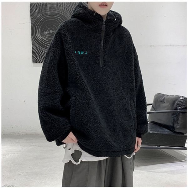 

new in 2021 addition to quilted lamb velvet hood man's jacket sweater loose beauty amrg, Black