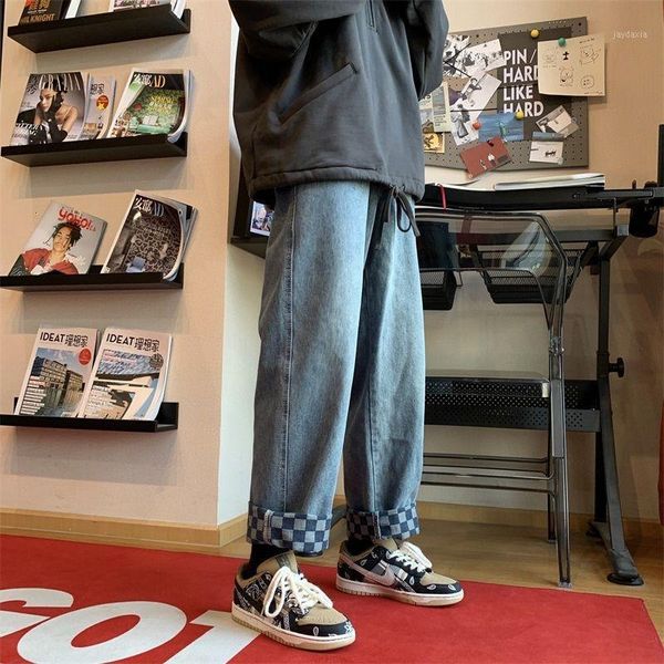 

2021 spring men's fashion straight pants plaid printing casual pants jeans black/blue color mens loose trousers plus size -2xl1