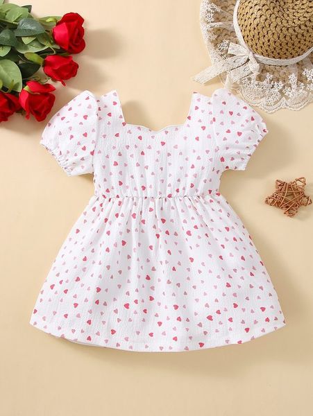 

baby heart print sweetheart neck puff sleeve dress she, Red;yellow