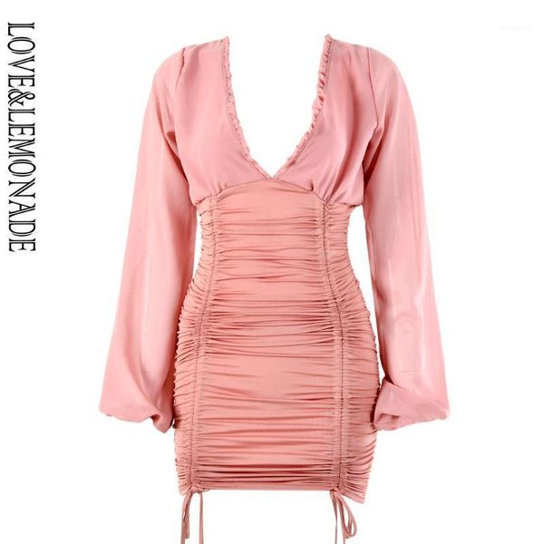 

love & lemonade v-neck chiffon panel lantern long sleeve pleated bodycon party mini dress lm901621, Black;gray