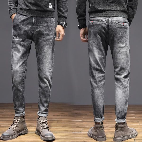 

men's jeans breathable fashion pants warm men solid straight print mid waist button trousers, Blue