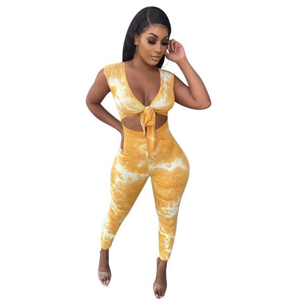 

adogirl women yellow tie up v-neck high waist jumpsuit tie dye print romper fashion casual sporty bodysuit one piece overalls, Black;white