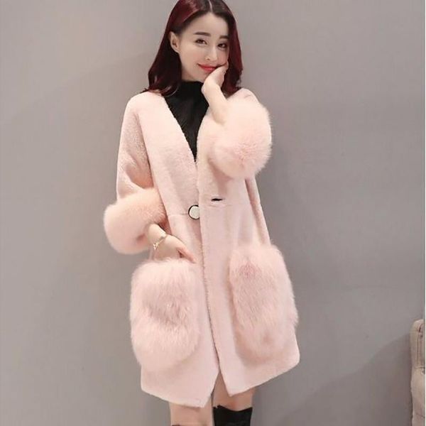

women's fur & faux winter coat women warm lambswool plush coats korea fahion female mink outerwear clothing ladies long jacket 2021, Black
