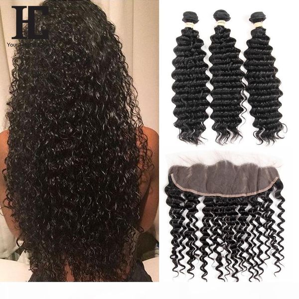 

hc hair ear to ear lace frontal with 3 bundles brazilian deep wave curly virgin hair deep wave with frontal weaves closure, Black;brown