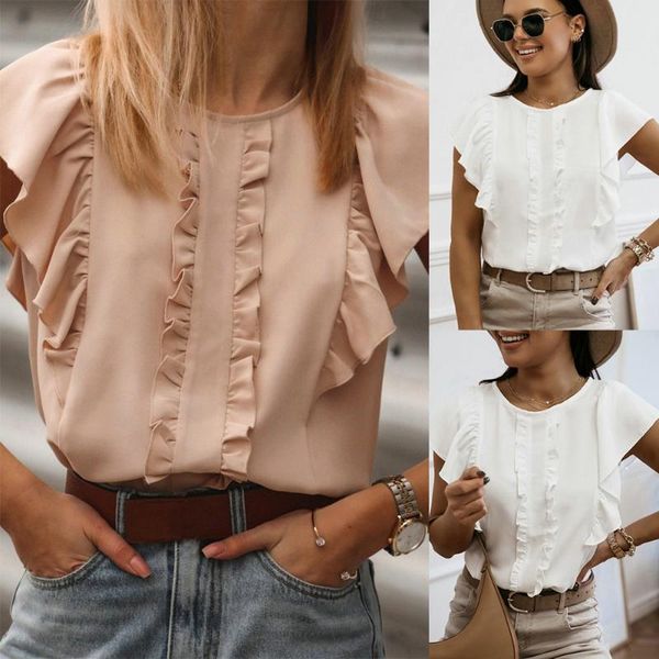 

cute pink white summer women ruffles blouses office ladies casual buttons loose shirts o-neck short sleeve pullover sweets