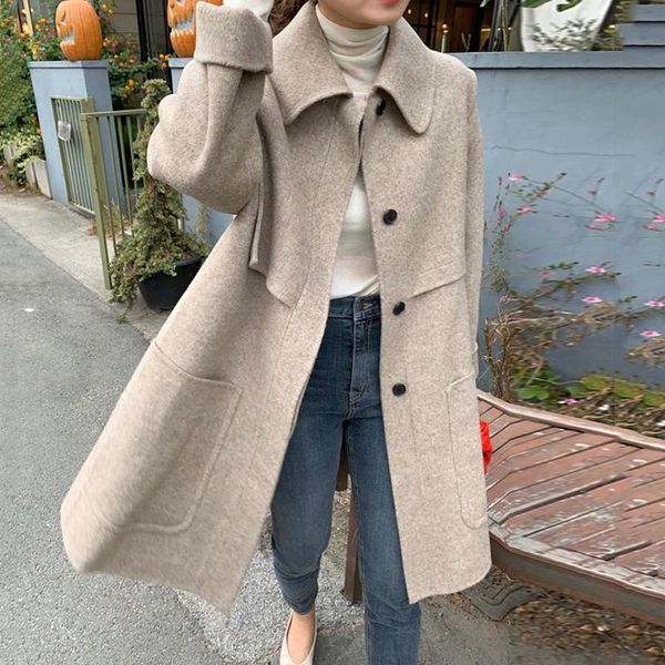 

ewq]2020 winter over knee turn-down collar single breasted long-sleeved solid color straight minimalist woolen overcoat 8d825, Black