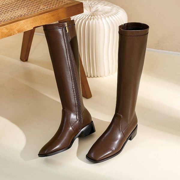 

fashion knee high boots 2020 square toe zipper ladies shoes square heel concise women shoes superfine fiber size 34-43, Black