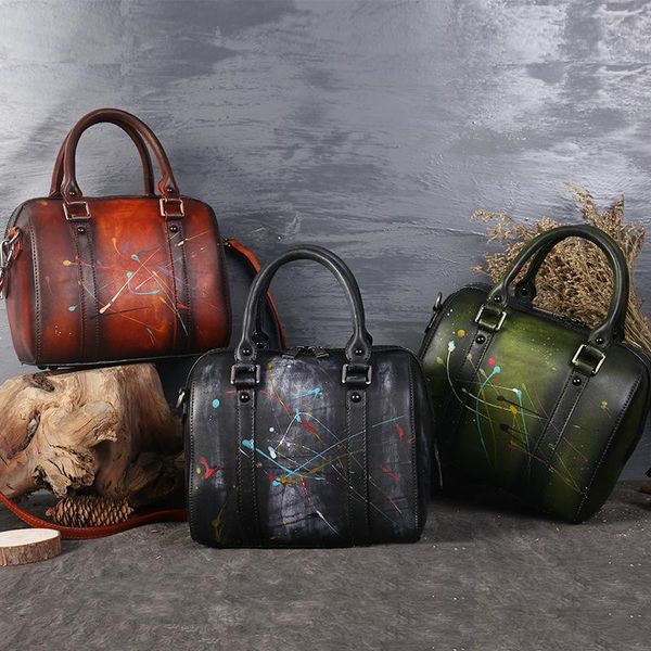 

2020 new fashion layer cowhide handbag hand-painted shoulder bag retro genuine leather lady handbags