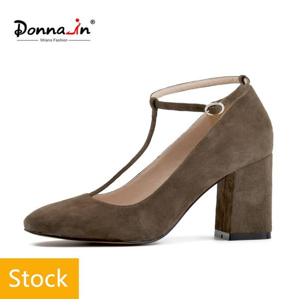 

donna-in clearance genuine leather mary janes pumps square toe thick high heel buckle elegant women shoes black pink grey blue