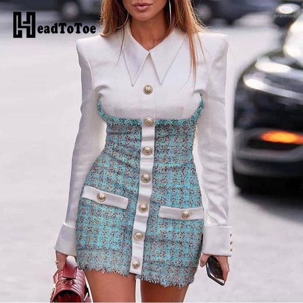 

turn-down collar long sleeve buttoned plaid insert bodycon dress women autumn casual short dress workwear1, Black;gray