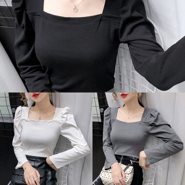 

new solid color t-shirt with bottom coat t-shirt quare neckbubble sleeve and collarbone exposed long sleeve for women in early a, White