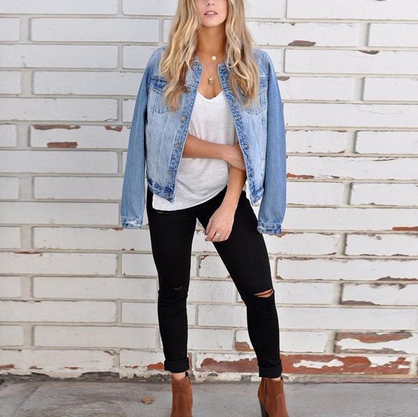 

women baisc denim jackets slim blue jeans coat casual long sleeve vintage turn-down collar ladies single breasted jacket 20201, Black;brown