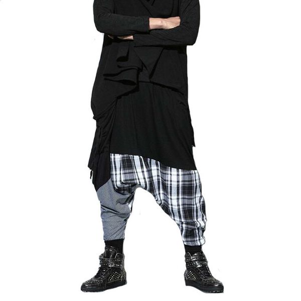 

2021 new summer thin patchwork black hip hop harem pants men joggers fashion loose drop crotch trousers large size w0oo