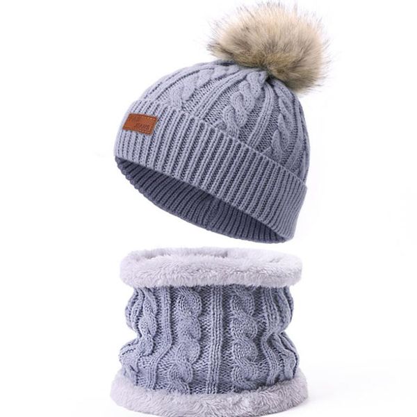 

hair accessories 2pcs toddler hat baby girls boys winter warm knitted hemming pompom kid kintted beanie plush bib scarf, Slivery;white