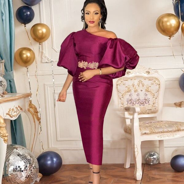 

elegant plus size prom party dresses slash neck half puff sleeves burgundy midi evening gowns straight robes de soiree, Black