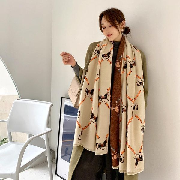 

scarves carriage print keep warm shawls fashion style autumn two-sided cashmere scarf winter lady tassels soft wool beach towe, Blue;gray