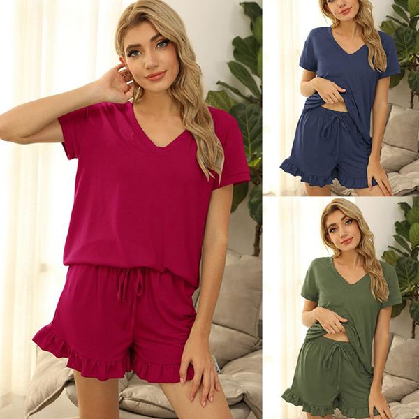 

ruffle short sleeve v-neck t-shirt household two piece suit casual home outerwear clothes female summer sets, Gray