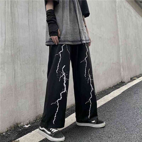 Sıradan Pantolon Erkekler Yaz Yeni Gevşek Düz Lightning Baskı Vintage Sweatpants High Street Erkek Pantolonları Artı Boyut Erkek Giyim 0124