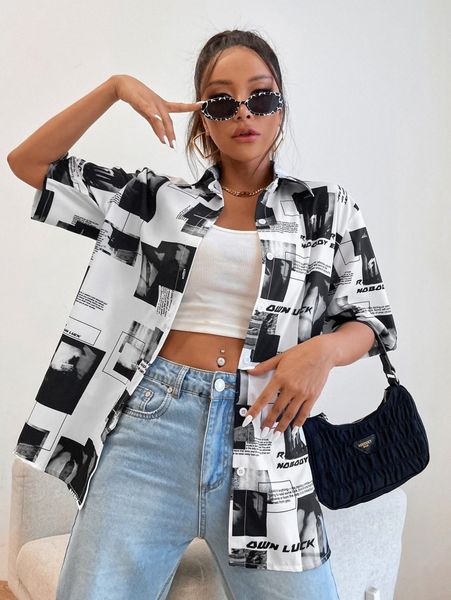 

letter & graphic print longline blouse e2co#, White