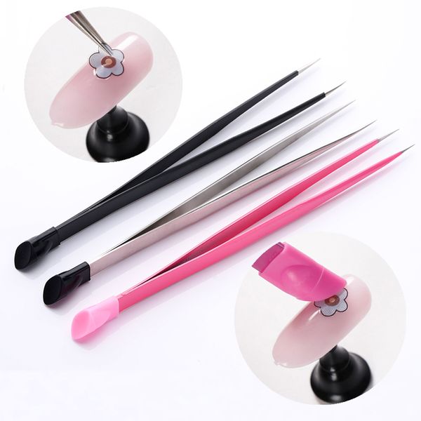 

1pc 2 heads straight nail tweezers with silicone pressing head for 3d sticker rhinestones water sticker picker metal nails tools, Silver