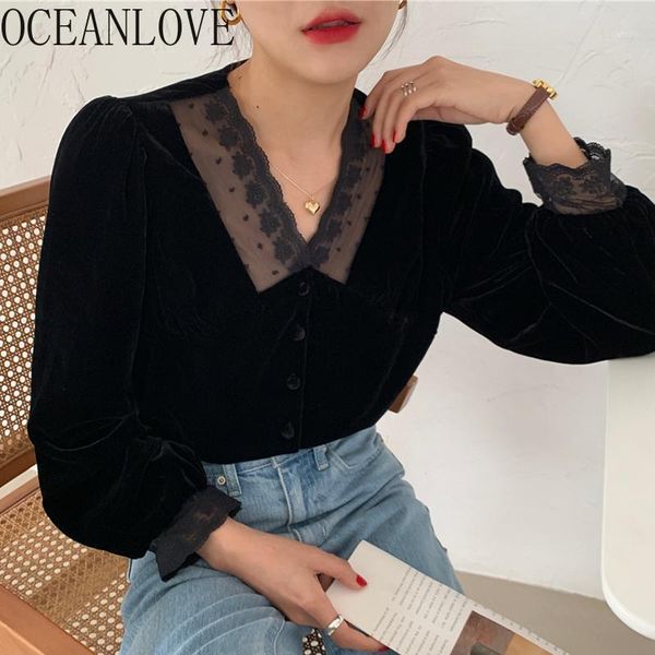 

oceanlove blusas mujer solid lace v neck korean chic elegant 2021 spring women blouses velvet ladies shirts retro 195371, White