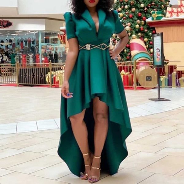

v-neck asymmetric short sleeve high low dress long party evening dinner vintage women green big plus size 3xl maxi dress female y200102, White;black