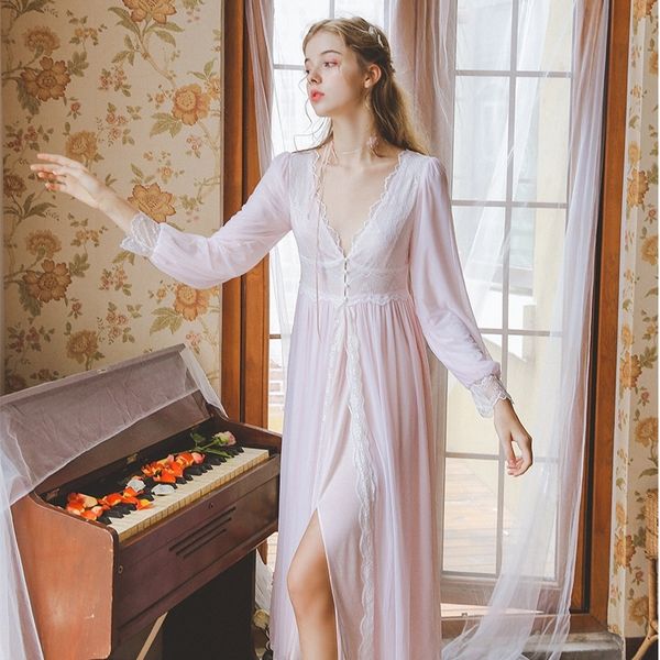 

romantic robe women autumn summer robe set woman lace sleeve sleepwear lace chiffon robe romantic sweet nightwear ladies y200425, Black;red