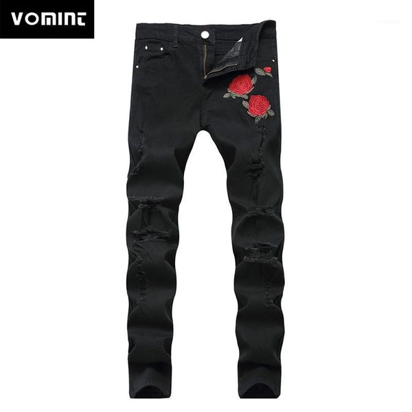 

vomint new black ripped jeans with embroidery men with flowers rose embroidered men's denim jeans stretch skinny pants1, Blue