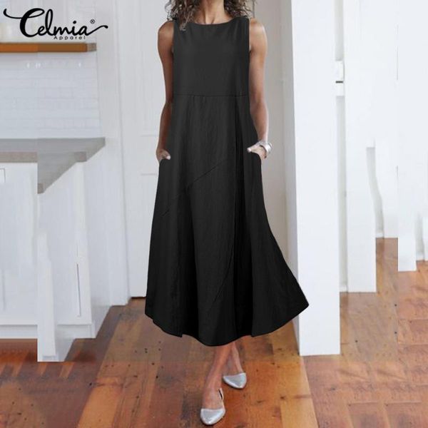 

2020 new celmia sleeveless sundress summer women casual loose dress fashion solid o neck dresses plus size 5xl vestidos robe1, Black;gray