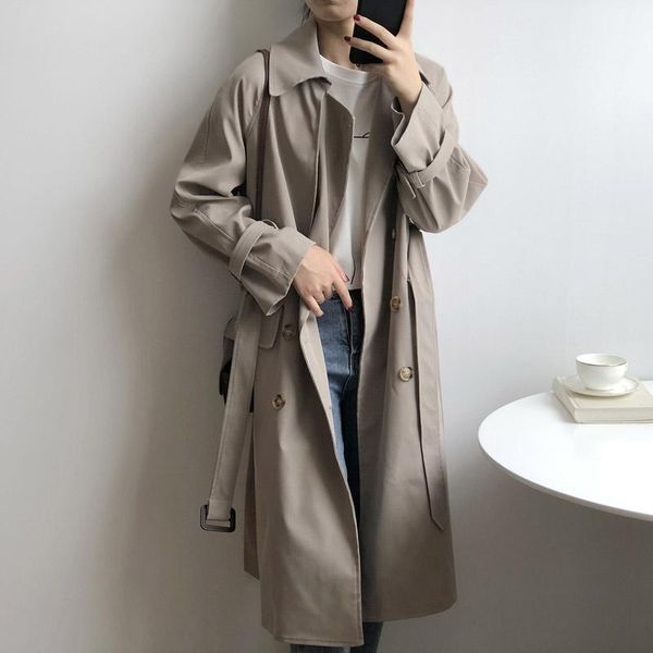 

new arrival khaki double breasted women winter jacket autumn casual windbreaker loose belted sashes female long trench coat 2021, Tan;black
