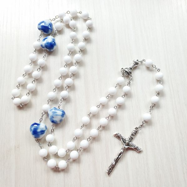 

white ceramic beads cross long rosary necklace religious pendant necklace pray jewelry, Silver