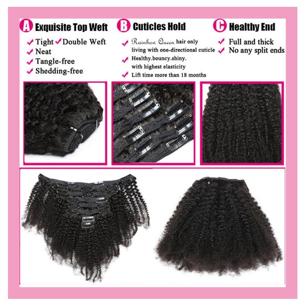 Afro Kinky Curly Clip-In-Haarverlängerungen, malaysische 100 % Echthaar-Clip-Ins, 120 g, reines Remy-Haar, natürliche Farbe