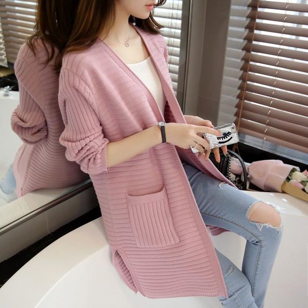 

2021 spring and autumn new korean version of pure color mid-length knitted cardigan loose and thin sweater coat women, White