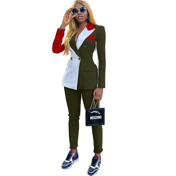 

fashion two piece set blazer pants suits women casual notched long sleeve double breasted patchwork color slim tracksuit outfits, White