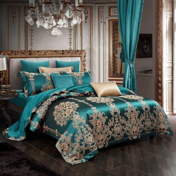 Set di biancheria da letto Set jacquard di seta di lusso in stile europeo Copripiumino matrimoniale Lenzuolo in puro cotone/Federe in lino Tessili per la casa1