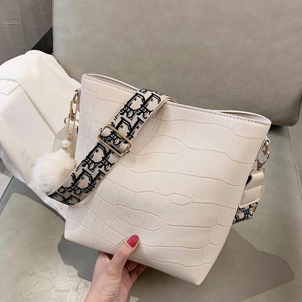 

shoulder bags elegant white stone pattern for women leather hairball shopper bag lady wide strap crossbody handbag