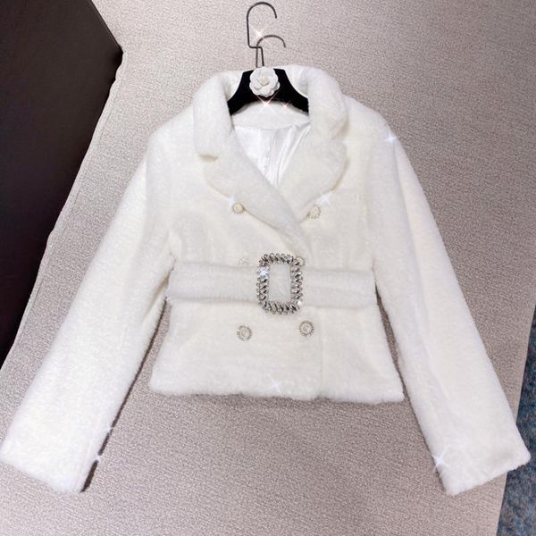 

women's jackets deat 2021 winter arrivals turn down collar faux fur double breasted buttons white jacket with diamonds belt women coat, Black;brown