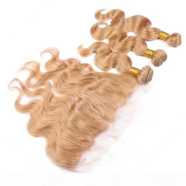 

body wave #27 strawberry blonde brazilian virgin human hair weaves 3pcs bundle deals with honey blonde 13x4 lace frontal closure 4pcs lot, Black;brown